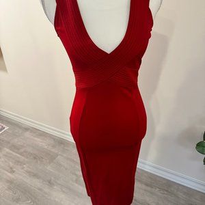 Red plunge pencil dress